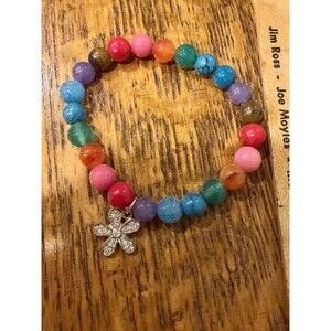Rainbow Gemstone Beaded Stretch Bracelet w/ Rhinestone Flower Charm